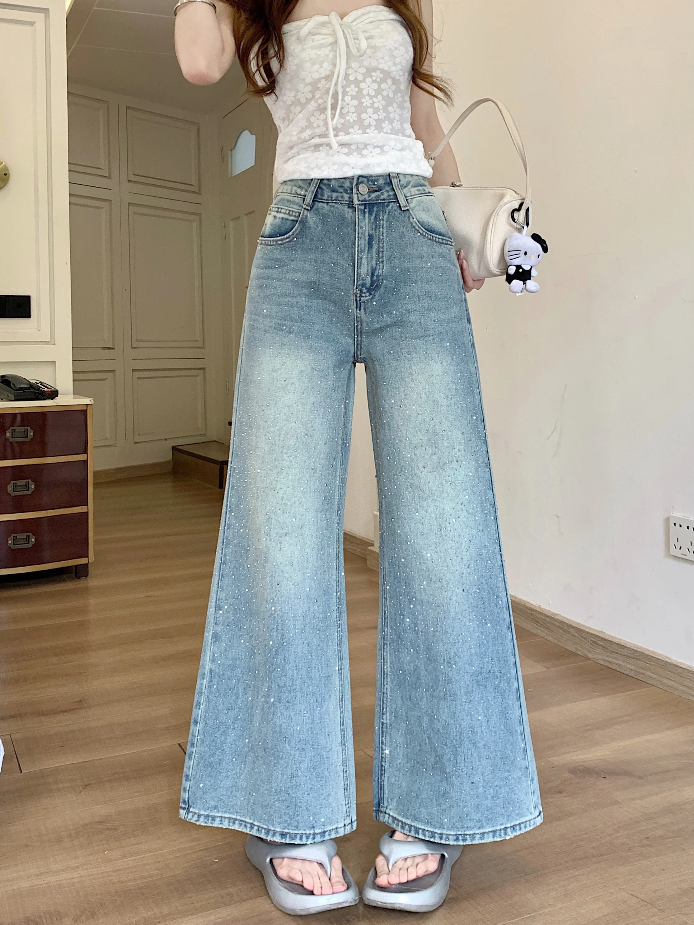 

Women's Spring Summer Diamonds Wide Leg Jeans Lady Streetwear High Waist Loose Full Length Jeans