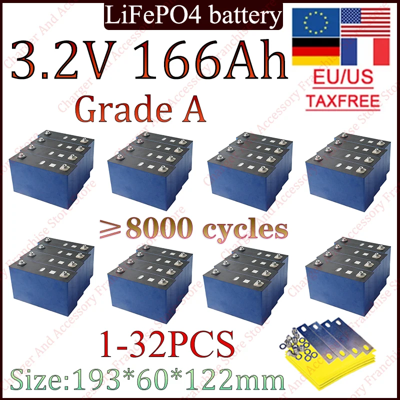 

New 3.2V 166Ah LiFePO4 Rechargeable Battery 166000mAh High capacity DIY 12V 24V 36V 48V For Solar Inverter High Quality Battery