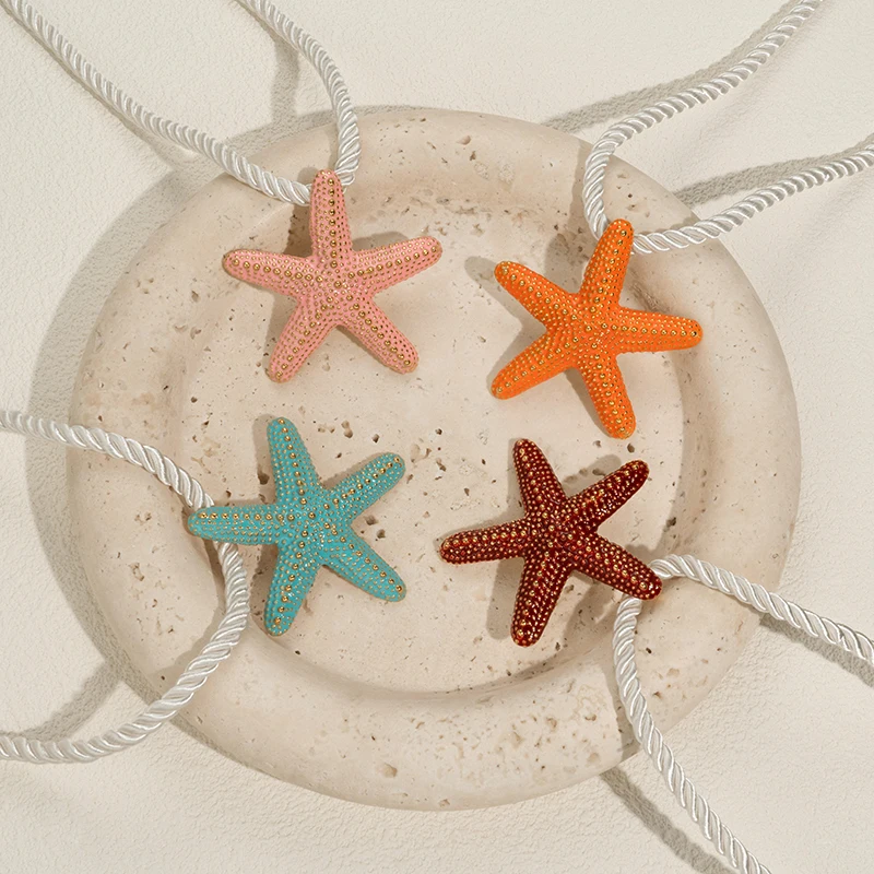 قلادات على شكل نجم البحر من حبل أبيض للنساء من الفولاذ المقاوم للصدأ، مجوهرات صيفية لقضاء العطلات على الشاطئ مقاومة للماء #3