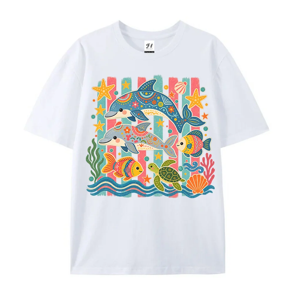 Cute Dolphin Ocean Creature Graphic Tee Women Colorful Turtle Fish Starfish Print Short Sleeve Oversized Beach Tops Sea Lover