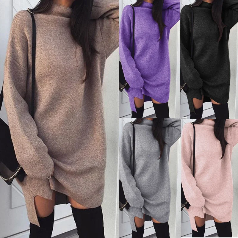 Fleece High Neck Side Slit Casual Long Sleeve Sweatshirt Short Dress Woman Dress Autumn Winter All-match Simple Basic Sportwear