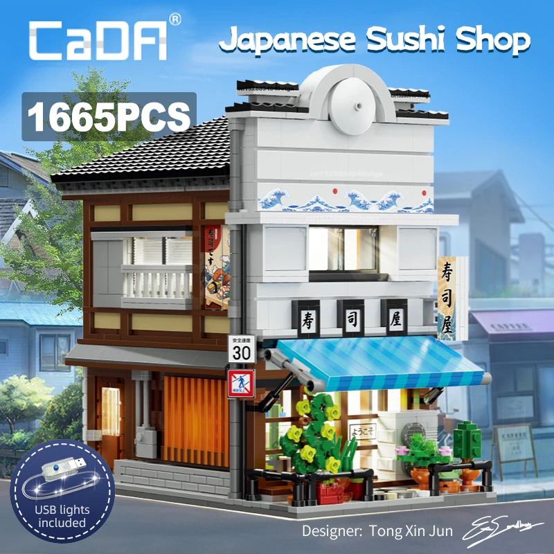 

Cada 1665Pcs MOC City LED Japanese Sushi House House Architecture Building Blocks Friends Shop Figures Bricks Toy Kids Gift