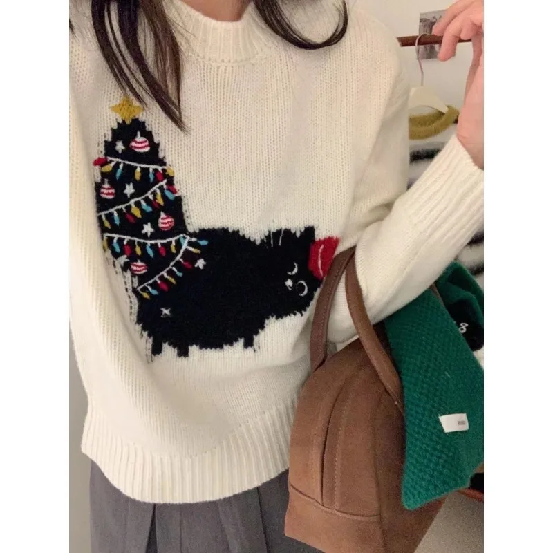 Kimotimo Cute Cartoon Jacquard Sweater Women Christmas O Neck Loose Knitted Pullover Autumn Winter Sweet Fashion Jumpers Tops