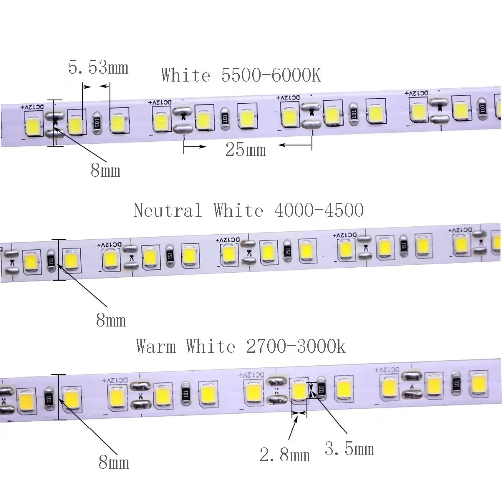 5M 2835 5V 12V  24V120leds/m 600Leds/5m LED Strip tape lights  4000K Natural White Warm White Flexible Not-Waterproof ip20 ip65