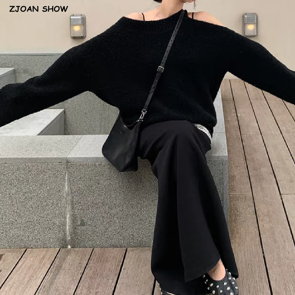 

Autumn Winter Rib Knitting Hollow Out One Shoulder Pullover Sweater Women Full Sleeve Loose Knitwear Oversized Jumper Black Gray