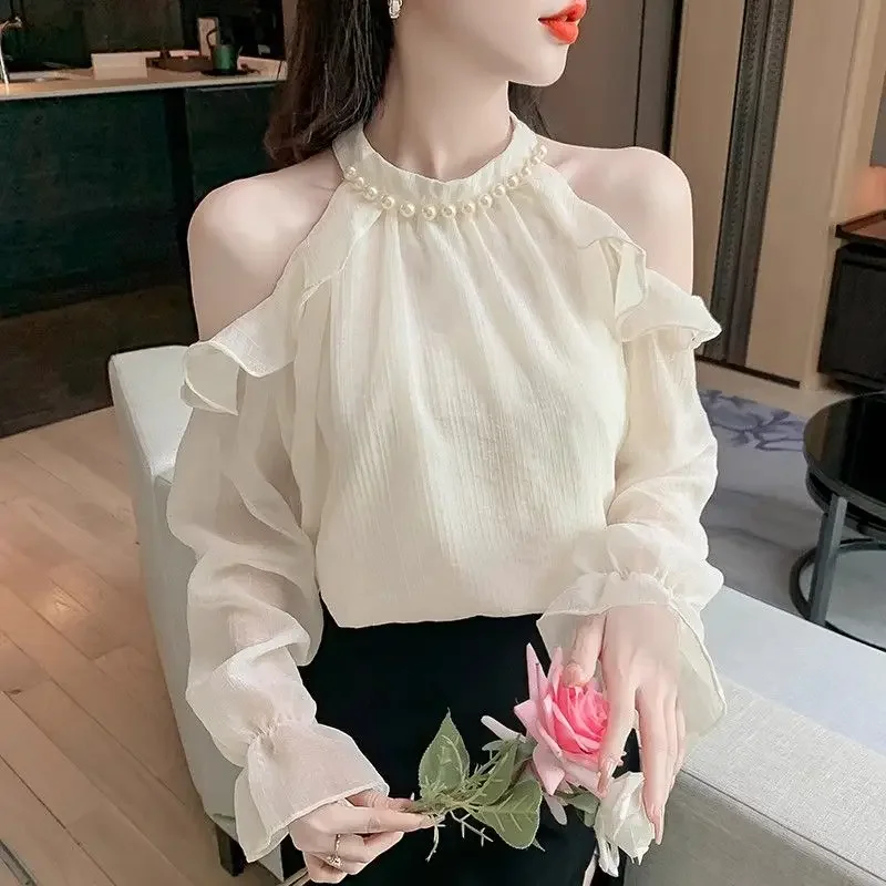 Bluzka damska z falbankami z francuskiego szyfonu, wiosenna, pikantna, z odkrytymi ramionami, typu halter, unikatowa.