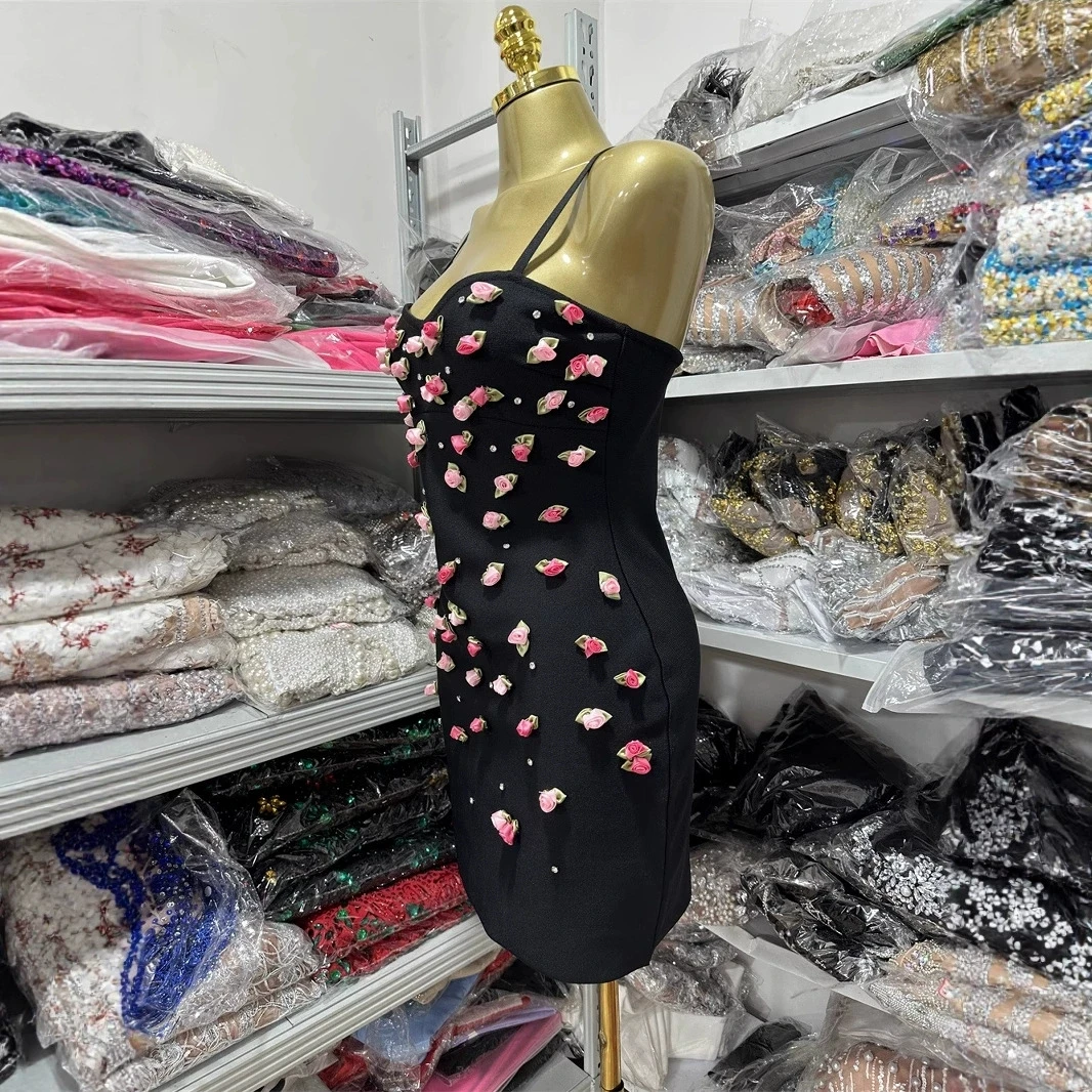 Nuovo abito da sera floreale rosa estivo senza schienale, abito corto nero aderente dalla fasciatura, abito da festa alla moda e lussuoso.-GZXXX370