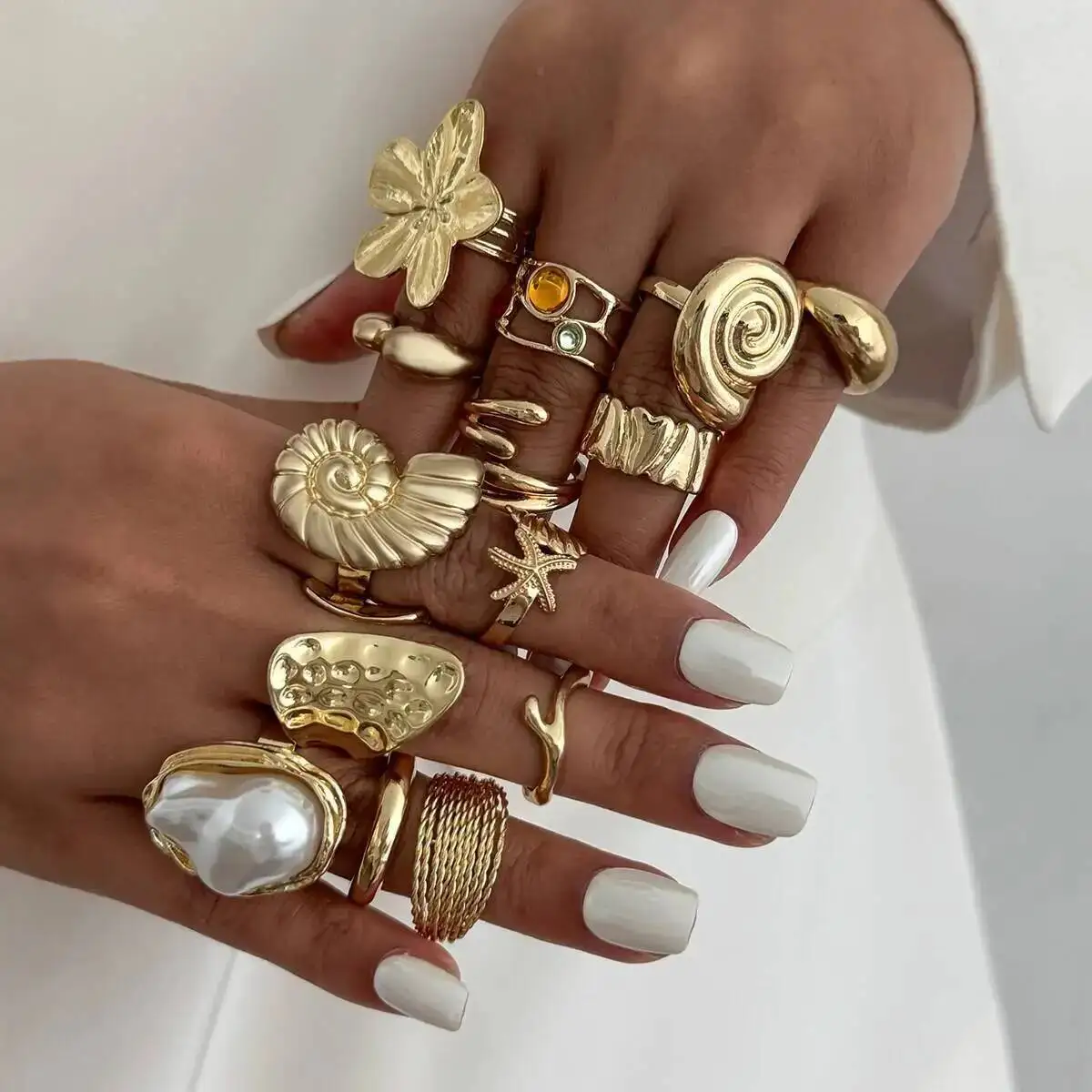 IngeSight.Z 14 Pcs/Set Hip Hop Creative Flower Conch Rings Women Men Punk Gold Color Imitation Pearl Knuckle Joint Ring Jewelry