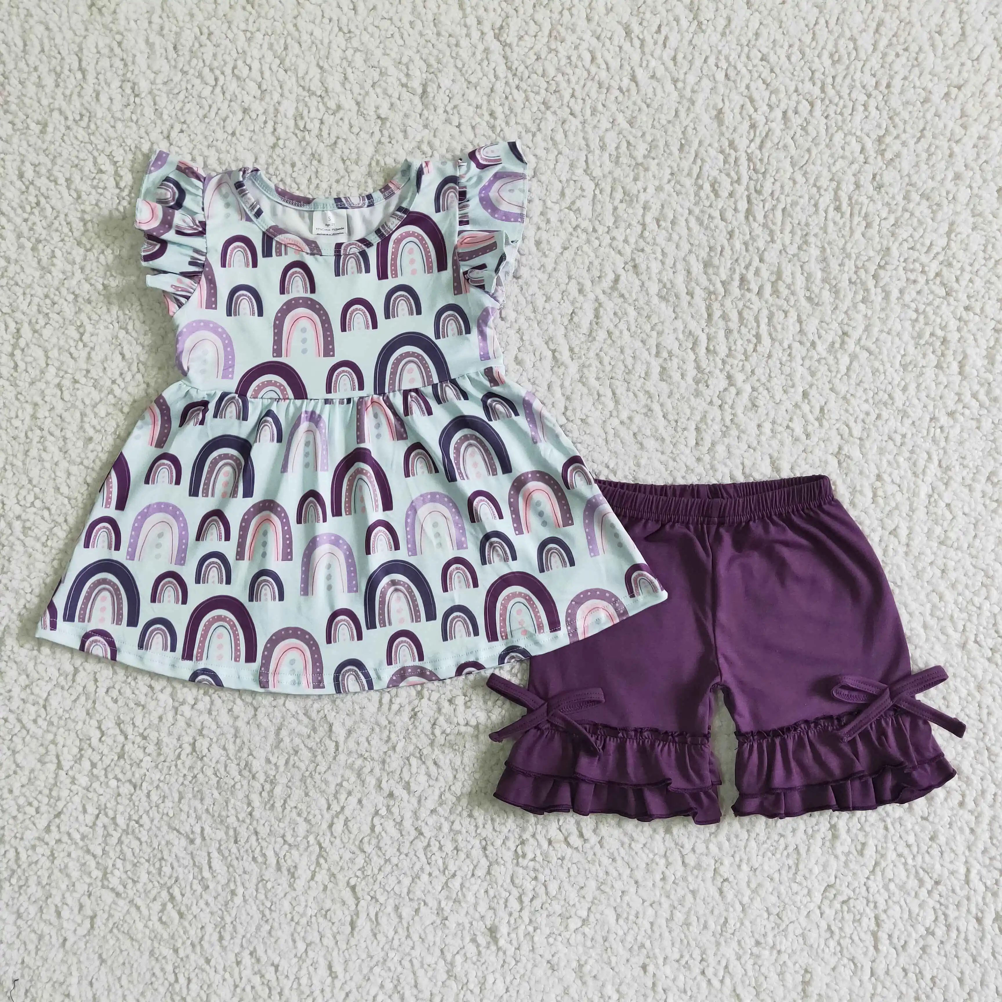 3.05 Kids Girl Rainbow Short Sleeve Tunic Match Dark Purple Shorts 2pcs Set Baby Summer Clothes