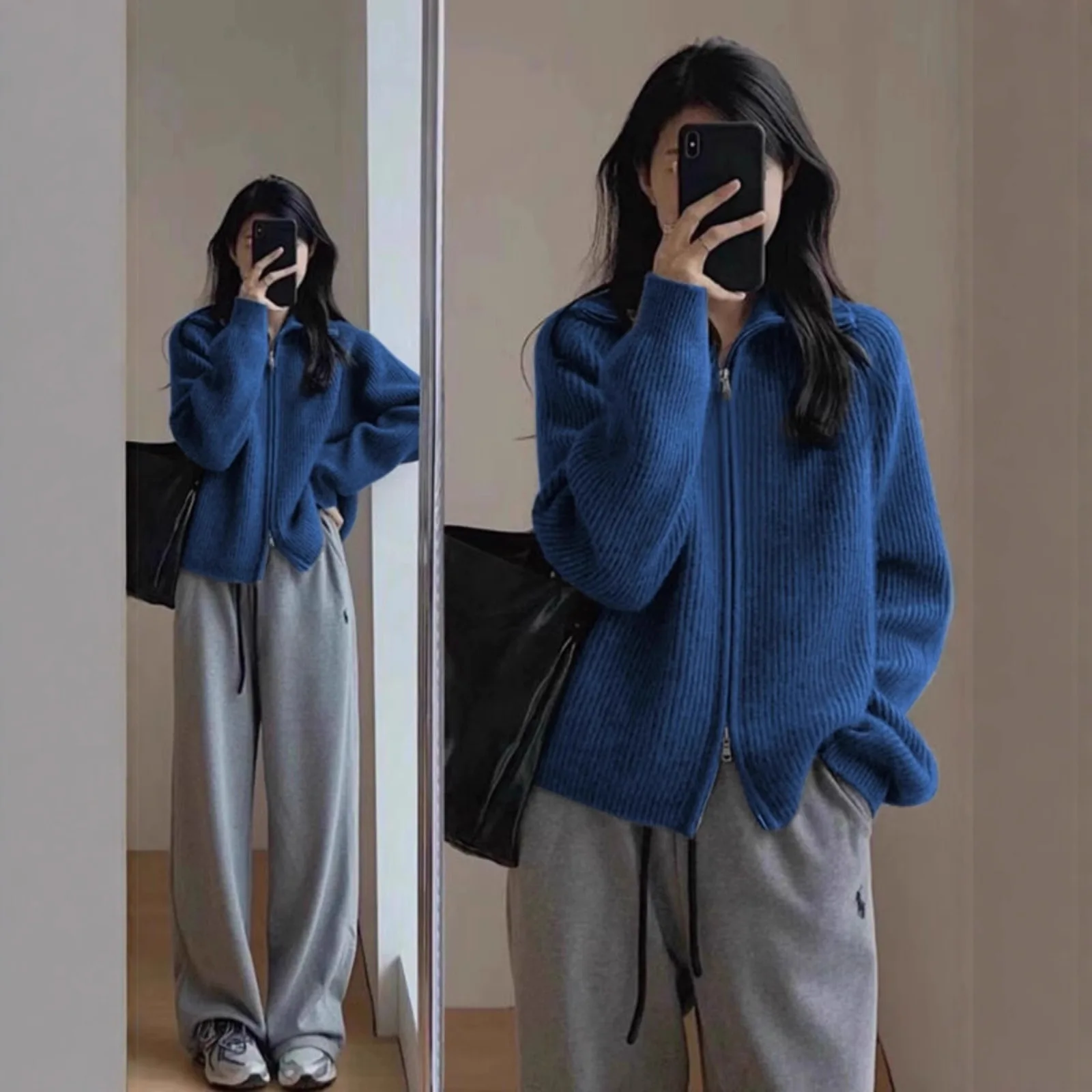 

Solid Color Blue Zipper Sweater for Women's Autumn and Winter 2025 New Knitted Cardigan Jacket, Loose and Thick Inner Layer With