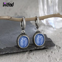 Vintage 925 Sterling Silver Earring Oval Natural Kyanite Stone Moonstone Labradorite Hoop Earrings With Necklace Set For Women