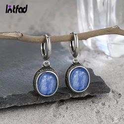 Vintage 925 Sterling Silver Earring Oval Natural Kyanite Stone Moonstone Labradorite Hoop Earrings With Necklace Set For Women