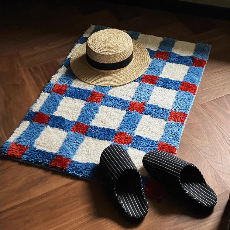 Blue Grids Pattern Door Mat Soft Tufted Bedroom Bedside Carpet Home Decoration Area Rug Korean Style Cartoon Kitchen Bath Mat