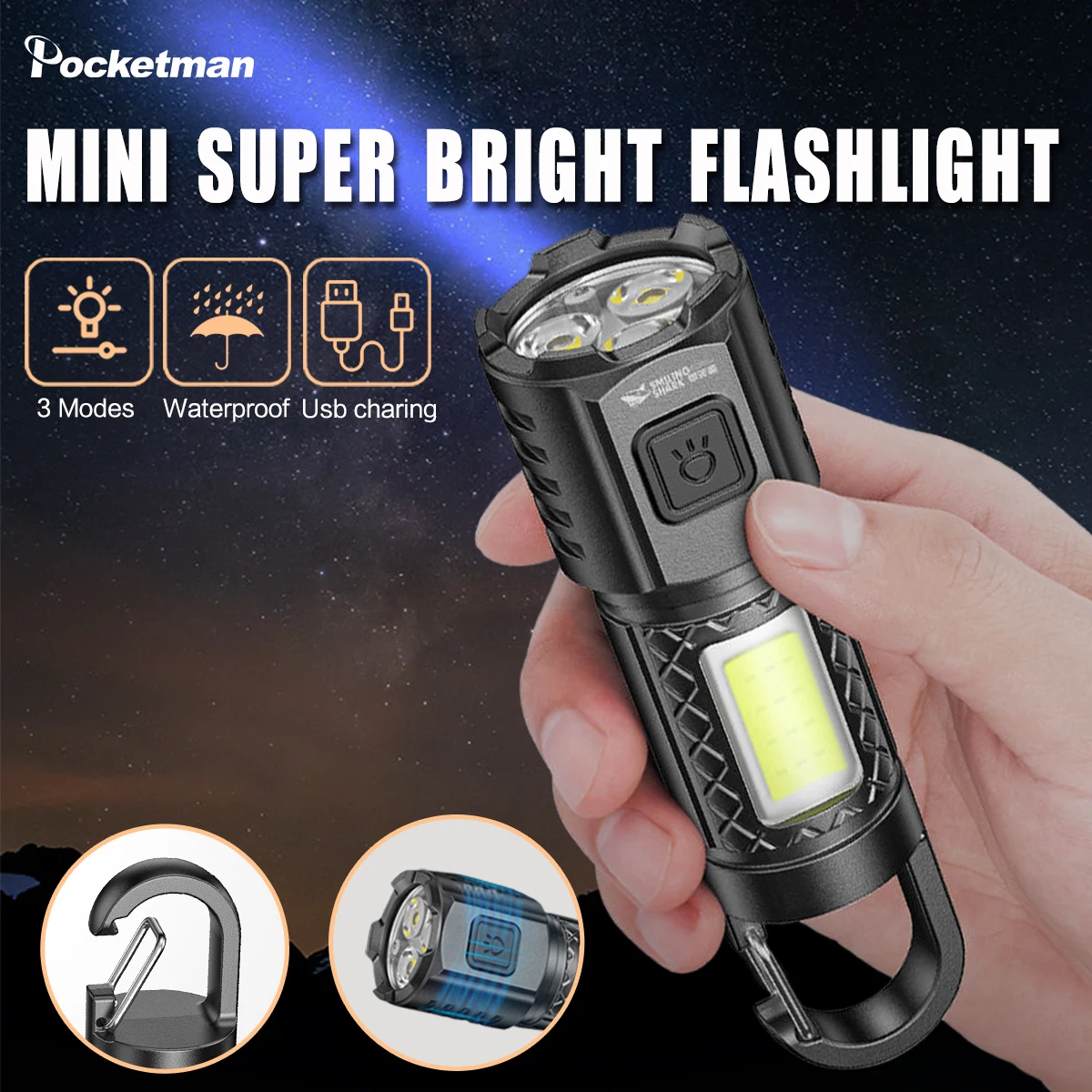 

Mini Super Bright LED Flashlight 3 Modes USB Rechargeable Pocket-sized Torch Long Range Waterproof Flashlights with Side Lights