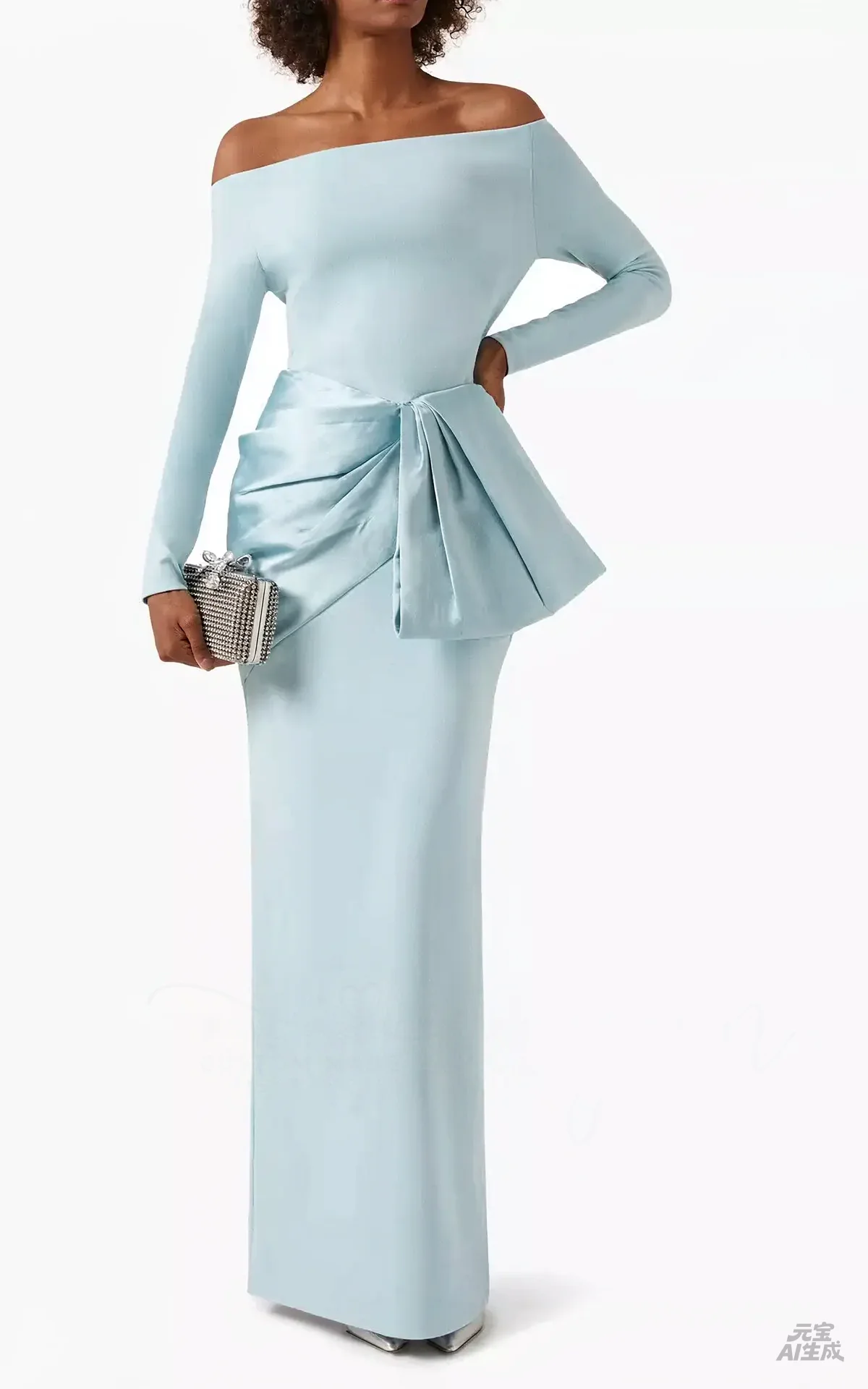 Customized Women Elegant Off Shoulder Maxi Dinner Dress Long Sleeve Bow Formal Evening Gown For Wedding Light Pink2027