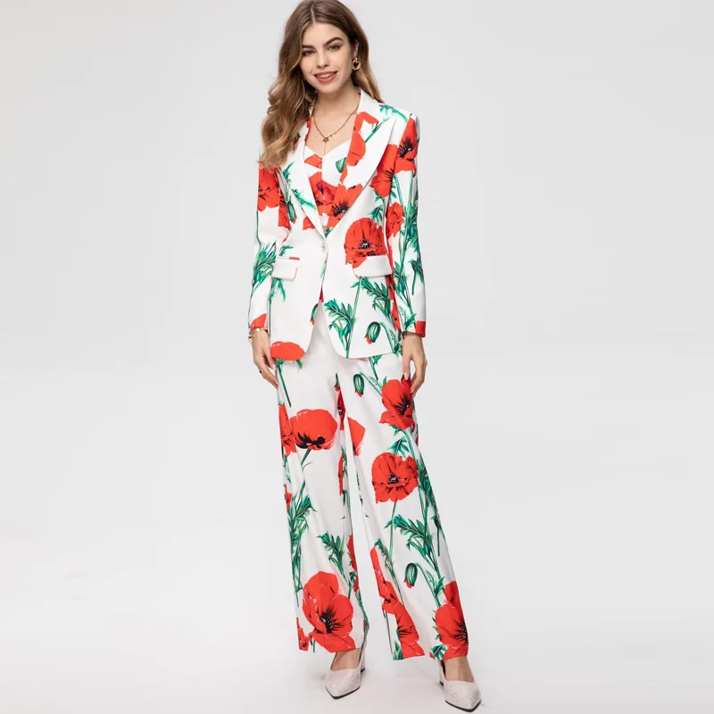 

Ladies Suits Floral Blazer Loose Long Pants Set Stylish Spring Runway Luxury Designer Fashion For Women 2024