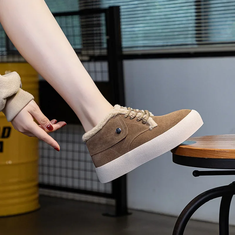 

2024 Winter New Cashmere Warm Women's Shoes Retro Frosted Thick Sole Fashion Casual Lace-up Cotton Shoes