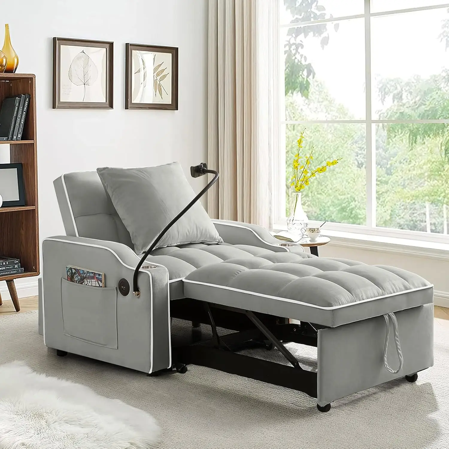 Sleeper Sofa Chair Bed Convertible Pull Out Couch 3 in 1 Velvet Futon Sofa Single Recliner for Small Spaces with Pillows Side Po