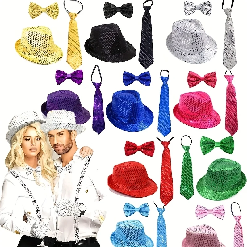 3pcs 1970s Disco Sparkling Sequin Stage Set Hat Tie Knotbow Parties Concerts Halloween Holiday Nights Mother's Day Gifts