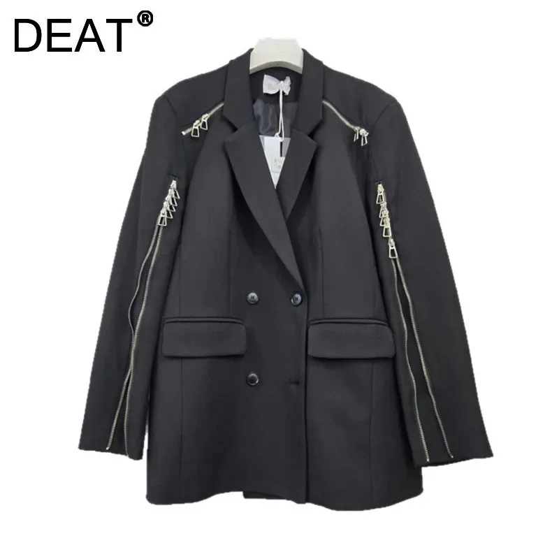 DEAT chaqueta de mujer con cuello entallado cremalleras de retales doble botonadura chaquetas de traje de Color sólido 2025 nueva moda Otoño 29A2940
