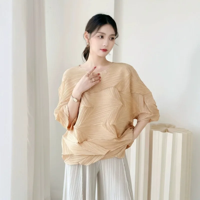 Miyake Pleated 2026 Summer New Original Handmade Pleated Round Neck Short Sleeve T-Shirt Unique 3D Fashionable Slim Fit Top