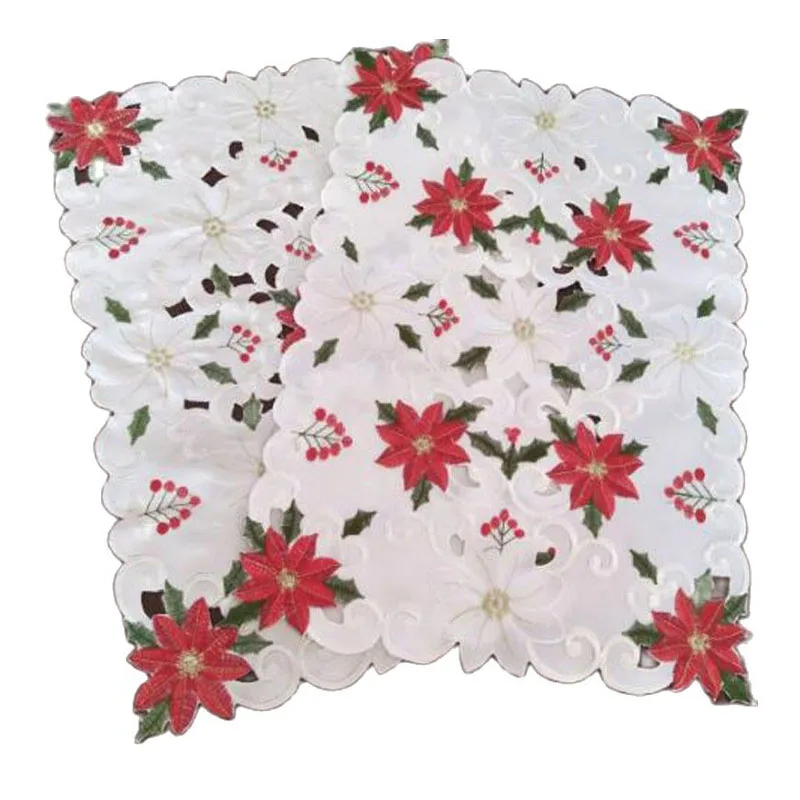 NEW satin Embroidery Christmas Poinsettia flower table place mat Cloth placemat coaster kitchen Table decoration and accessories