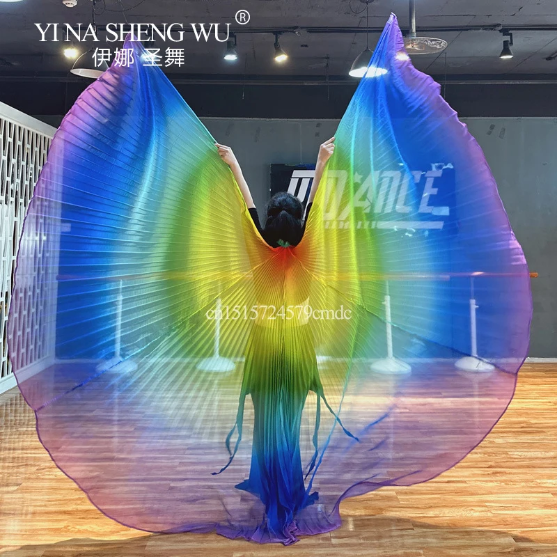 Asas de chiffon para dança do ventre, acessórios para performance em palco de dança adulta, asas egípcias isis, asas coloridas de arco-íris com bastão