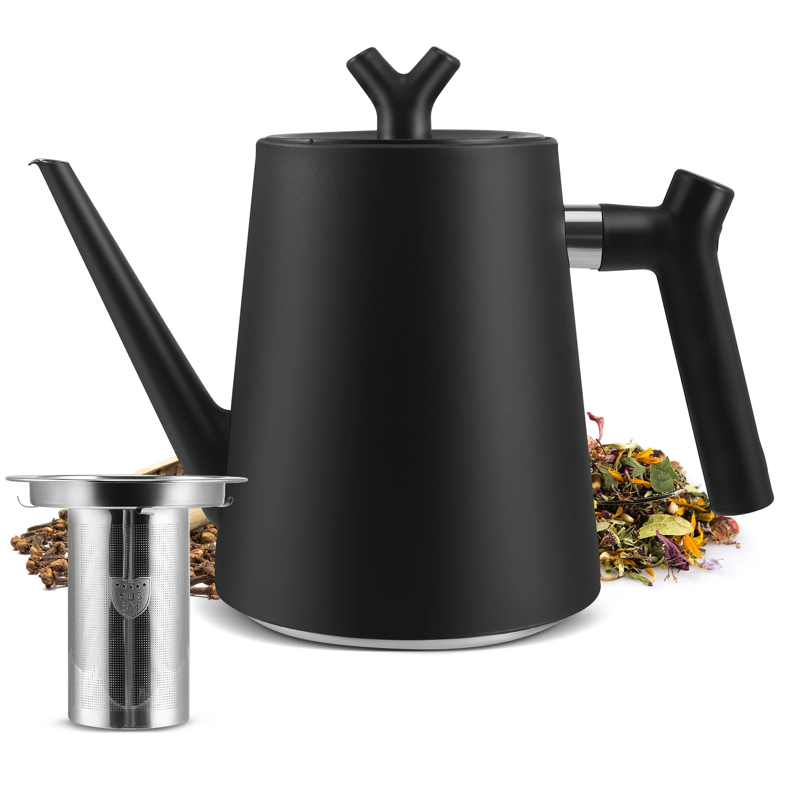 Teekanne Thermo, Teekanne aus schwarzem Metall, Thermische Teekanne mit Siebeinsatz, Edelstahl-Teekanne doppelwandig mit Sieb, 1,5L