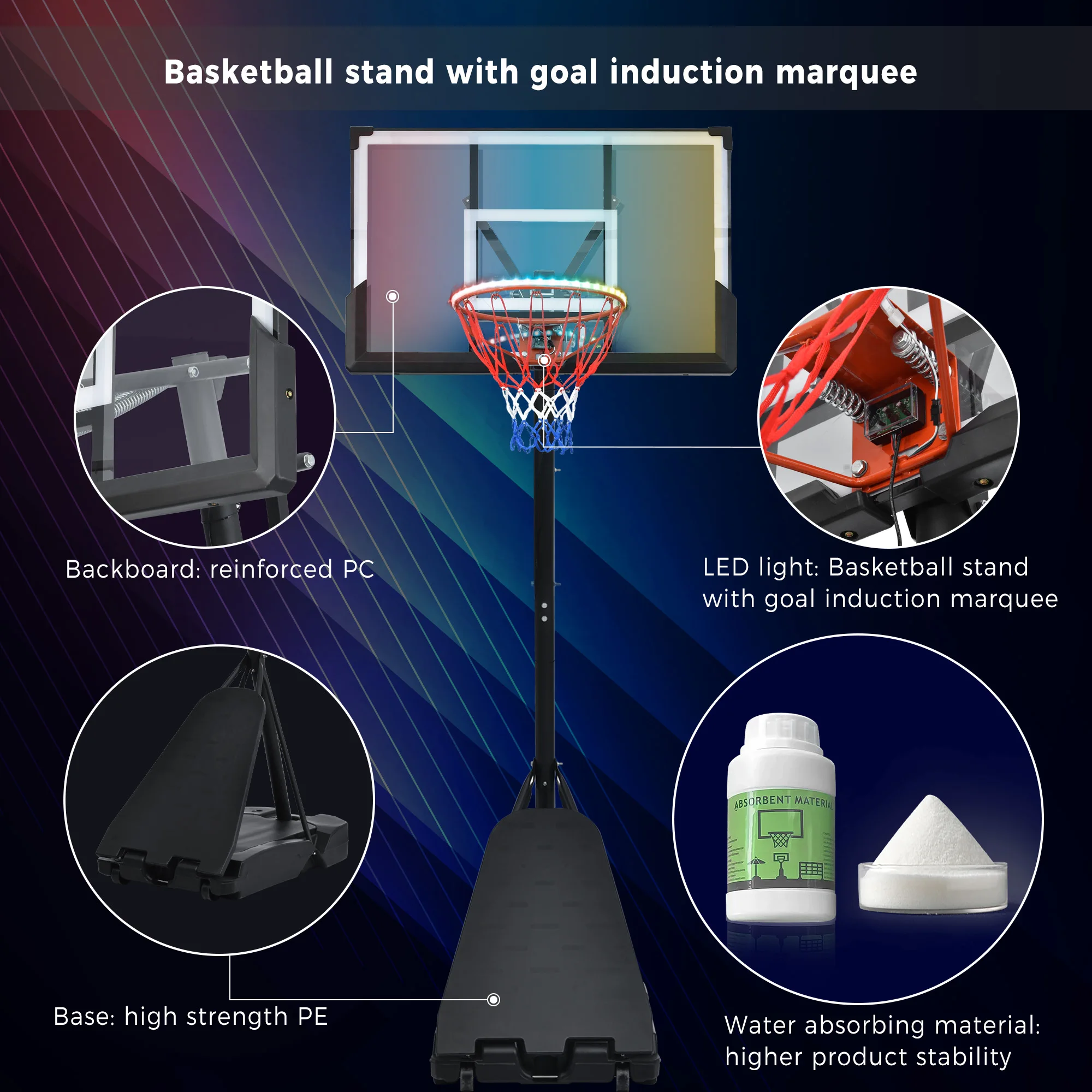 Portable basketball stand 8-10 feet, LED basketball stand light, waterproof, super bright, suitable for outdoor playing