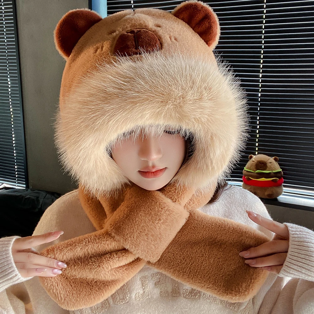 Faux Rabbit Fur 2 in 1 Capybara Hat Scarf Soft Plush Hooded Scarf Headgear Thickened Warmer Furry Scarf Cap Outdoor Headwear