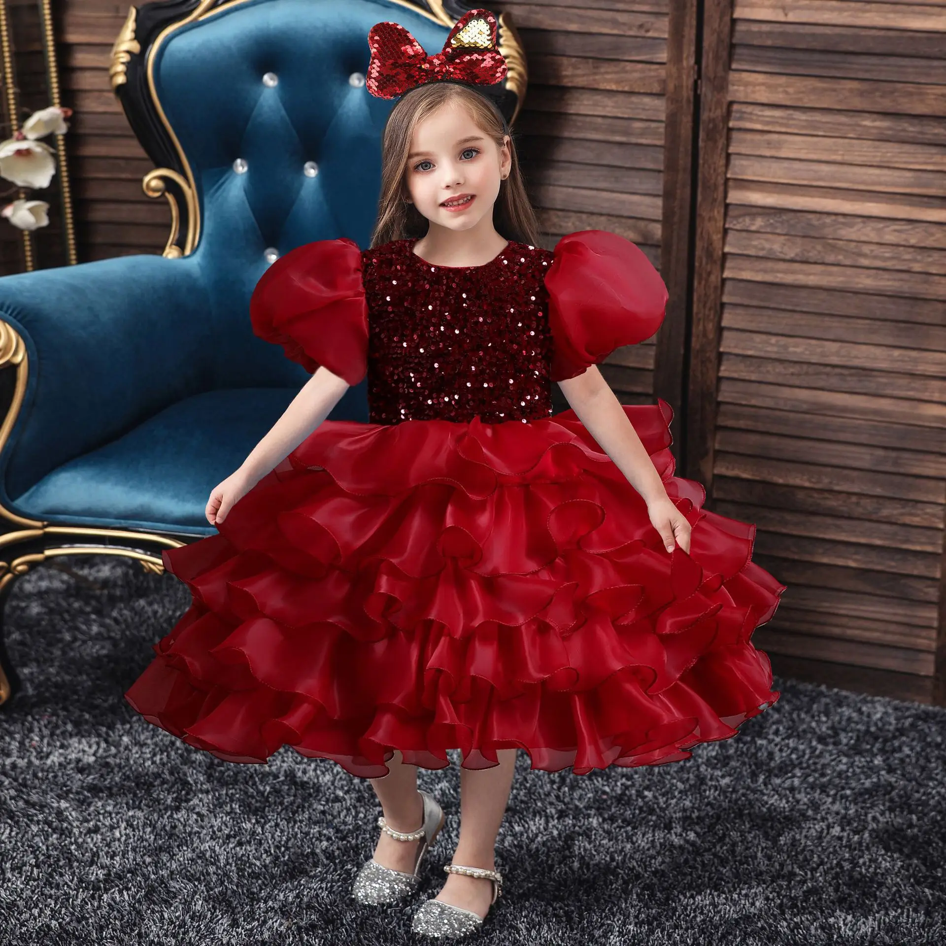 

New Children Bubble Sleeve Sequin Puff Princess Wedding Dress For Girl Fashion Cosplay Costume Teen Kids Birthday Party Clothing