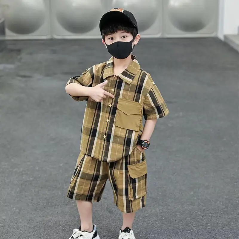 Plaid Shirt 2 Pieces Set Outdoor Clothing Boys Wear Children Clothes 7 To 14 Years Junior Top Bottom Sets for Boy Boutique Kids