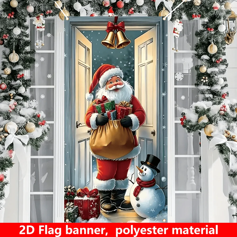 

2D FLAT 1pc Christmas Santa Clause and Snowman, Xmas Door Banner, 1pc Festive Christmas Porch Banner - Polyester Banner