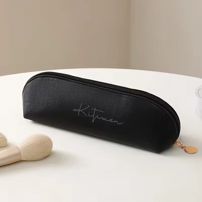 1Pcs Personalized Engraved 3D Name Faux Leather Pencil Case Makeup Brush Storage Bag, Durable Zipper Bag, Essential Accessory for Campus and Office Desktops, Ideal Gift for Students