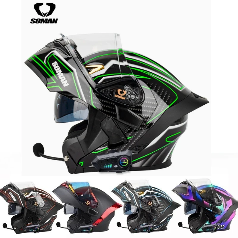 SOMAN SM955-S Flip Up Full Face Motorcycle Helmet DOT Dual Visor Bluetooth Ready Racing Casco Moto