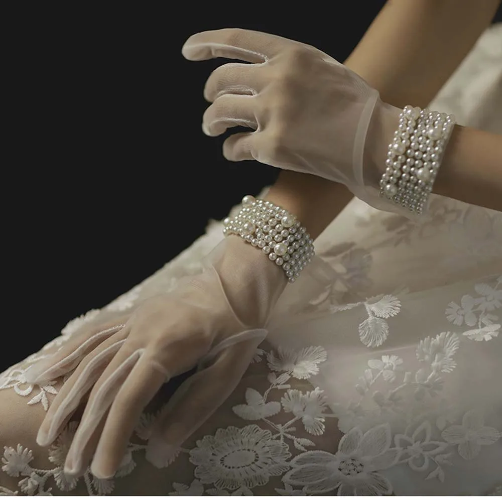 Transparent Hand-made Women Summer Lace White Tulle Mittens Short Wedding Gloves Pearl Finger Gloves Bow