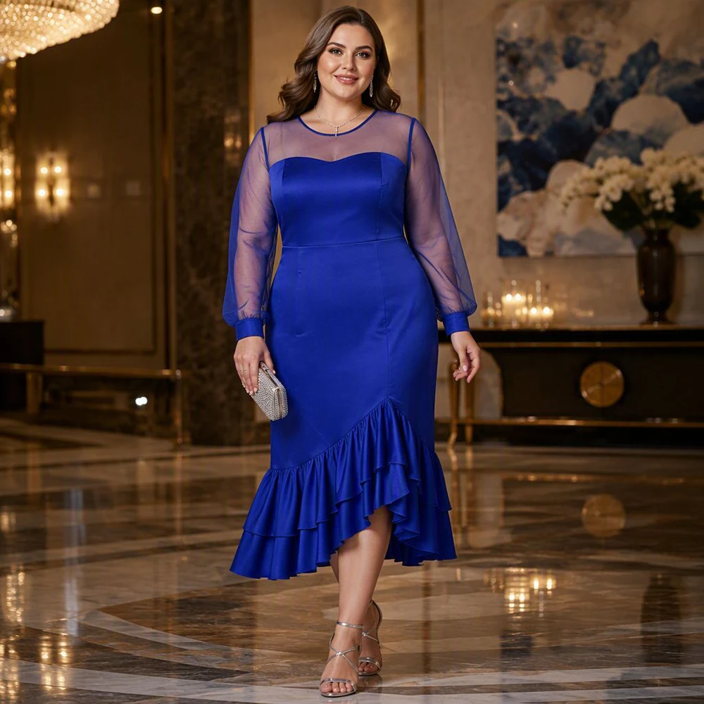 Plus Size Mermaid Midi Evening Dress Women Elegant Sheer Mesh High Waist Satin Tiered Ruffle Hem Formal Wedding Guest Dresses