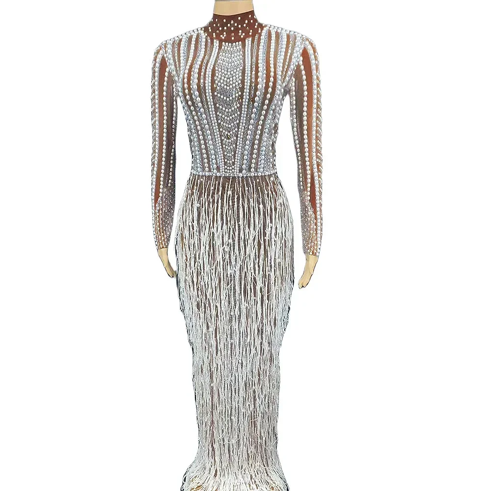 Vestido largo sexi con abertura y borlas de diamantes de imitación y perlas brillantes para mujer, ropa de fiesta de noche, disfraces de escenario