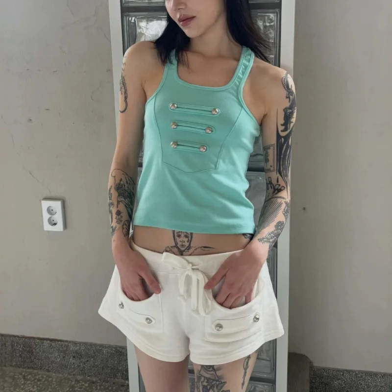 Y2K Millennium Hot Girl I-shaped Tank Top with Metal Buckle Decoration, Slim Fit Short, Elastic Inner, Sleeveless Strap Top