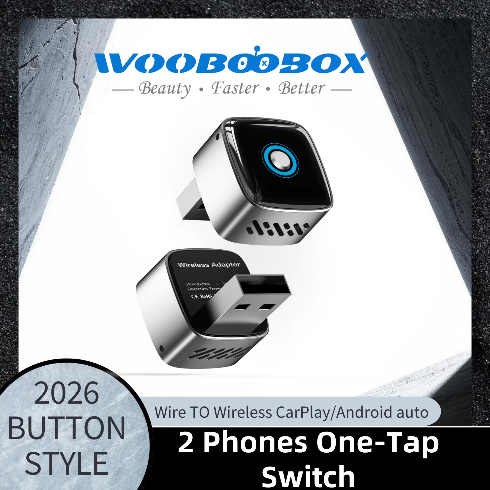 Wooboobox 2in1 Wireless CarPlay Android Auto Adapter,Alloy Body with 2 Phones One-Tap Switch, 5Ghz Auto Connect Low Latency