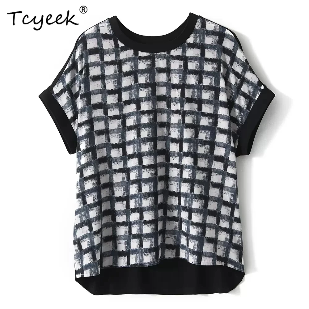 

Tcyeek, 100%Mulberry Silk Elegant T-Shirt, Women Short Sleeve Plaid, Vintage Loose Blouses, 2024 Summer Autumn Top T465108QM
