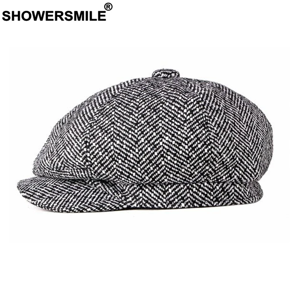 SHOWERSMILE-Casquette gavroche pour hommes et femmes, casquette Ascot en coton, casquette plate unisexe octogonale décontractée, style britannique pointu, noir et blanc