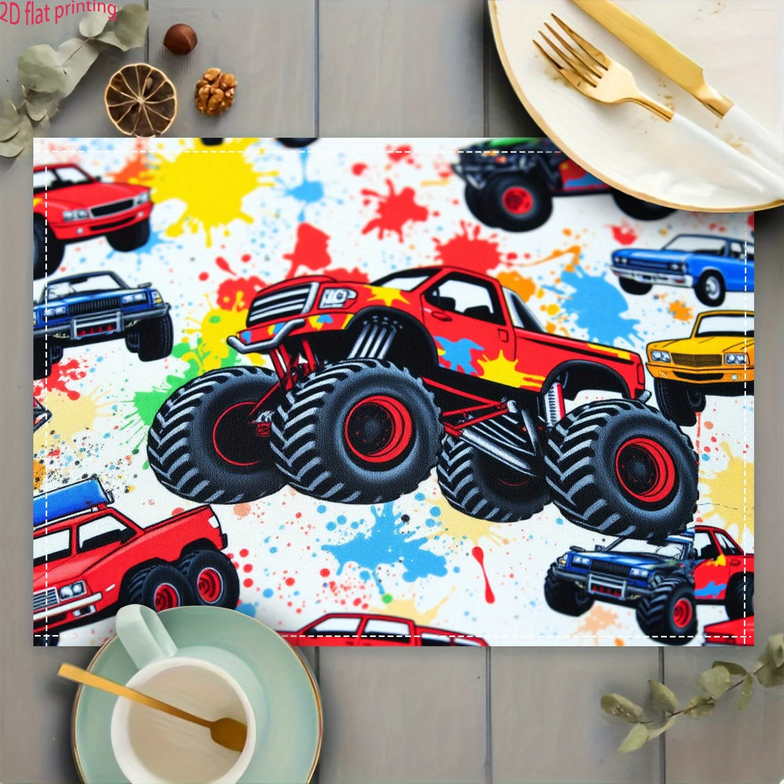 8/4/6pcs Monster Truck Placemats for Kids Set of 4 Cartoon Car Linen Table Mats Boys Gift