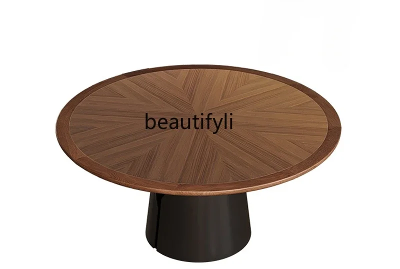 Medieval solid wood texture round rock slab dining table French retro cream household high-end dining table with turntable