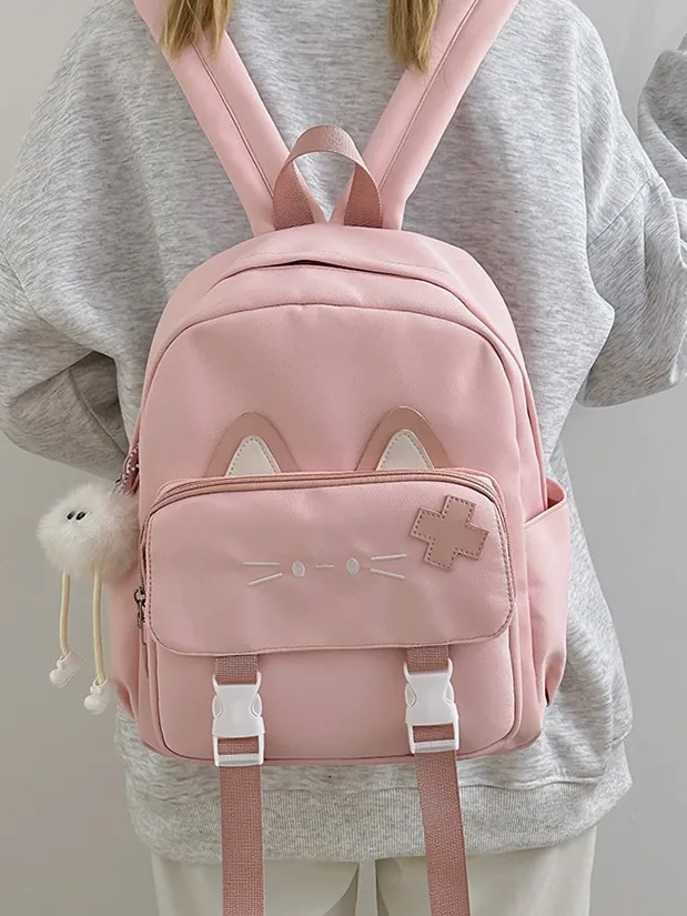 Cute Cat Embroidery Backpack Girls Kawaii Cat Ear School Bag Lightweight Nylon Casual Daily Travel Student Daypack