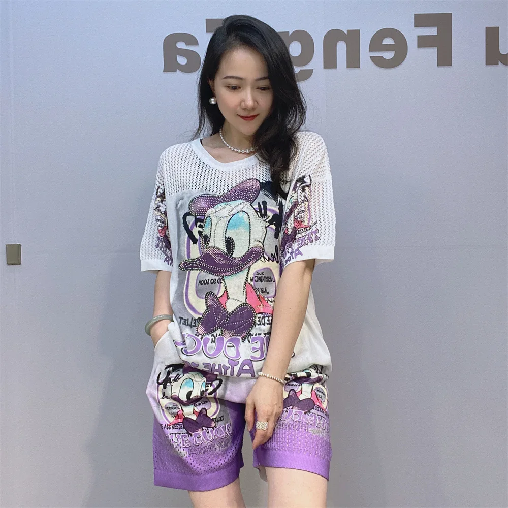 Diamonds Cartoon Printed Short Sets Women Clothing Loose Tracksuit Casual Hollow Out Knitting Two Piece Sets Womens Outifits