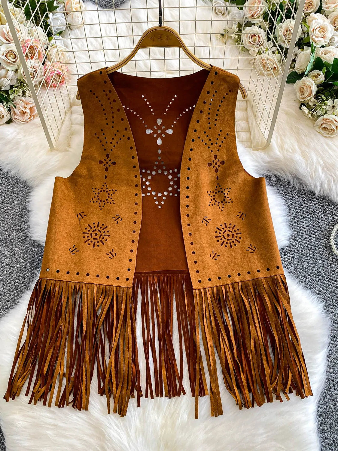 Retro Heavy Work Hollow out Deer Skin Velvet Vest Outerwear Women's Loose Slimming Tassel Mid-Length Top Commute Style