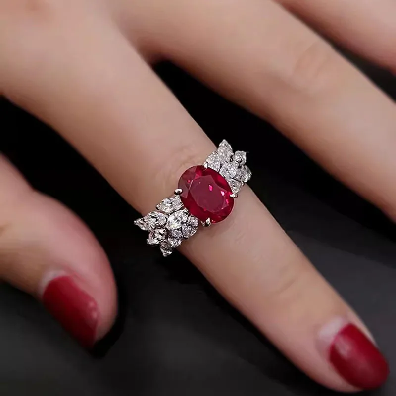 Foydjew Luxury 3 Carat Ruby Red Corundum High Carbon Diamond Rings Women's Silver Color Wedding Accessories