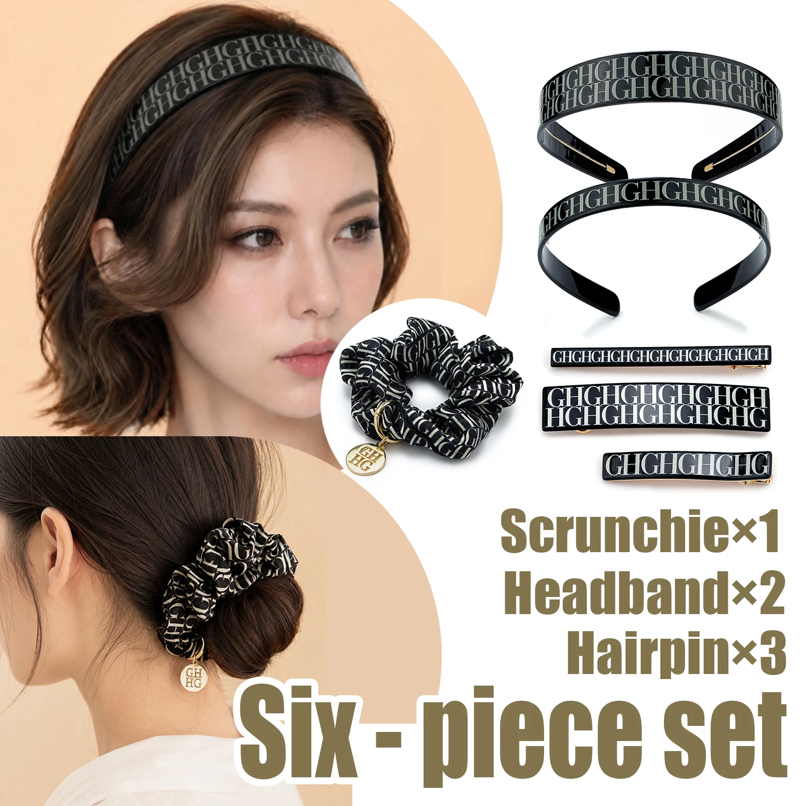 Women Hair Accessories Set 6Pcs Black Letter Pattern Scrunchie Headbands Hair Clips Daily Casual Style With Gift Box