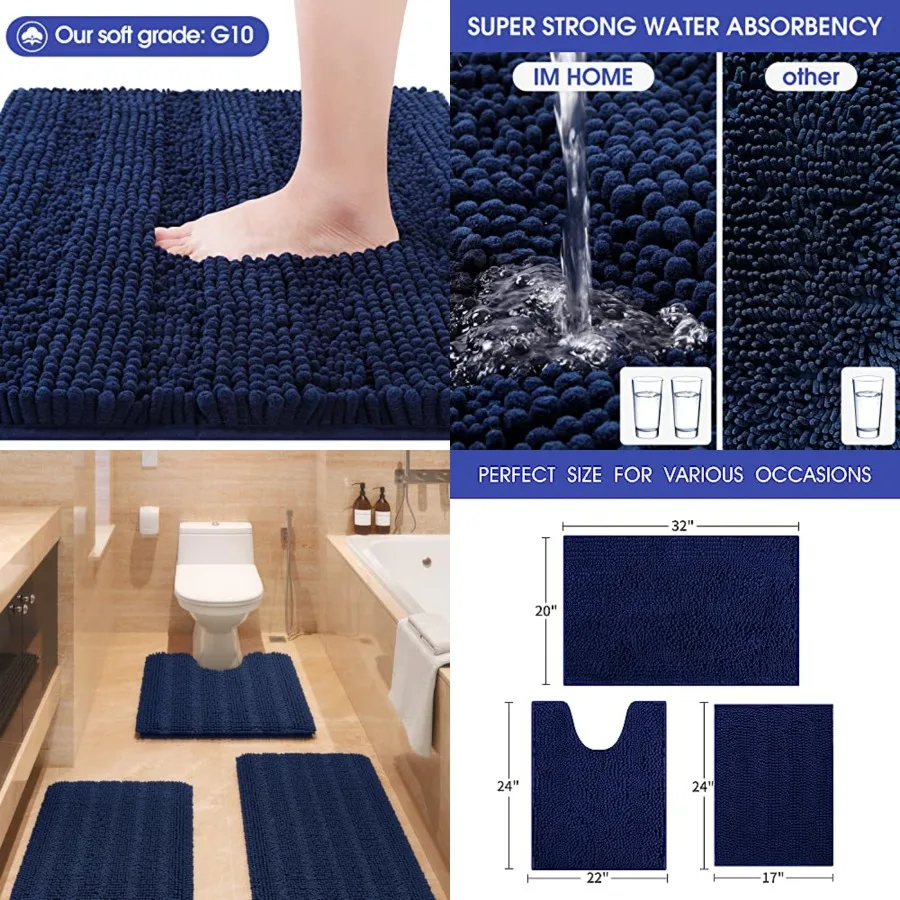 

Striped Bathroom Rug Set 3 Pieces Ultra Soft, Non Slip Chenille Toilet Mat, Absorbent Plush Shaggy Bath Mats for Bathroom, Bedr